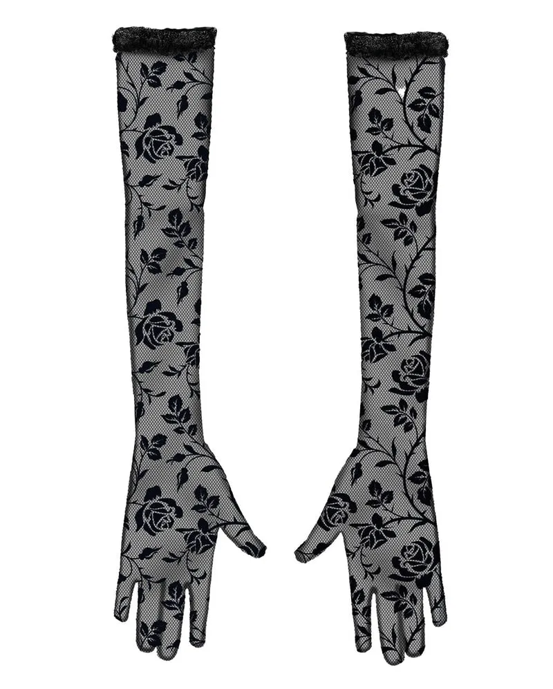 Lange schwarze Blumen Spitzen-Handschuhe