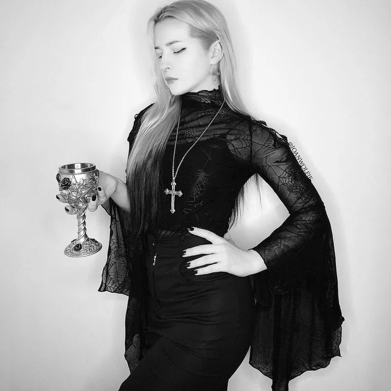 Gothic Flared Sleeved Spider Web Sheer Shirt für Damen