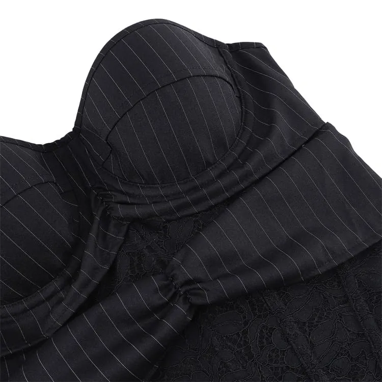 Gothic-Schnürkorsett für Damen mit Nadelstreifen, Blumenmuster und Spitze über der Brust