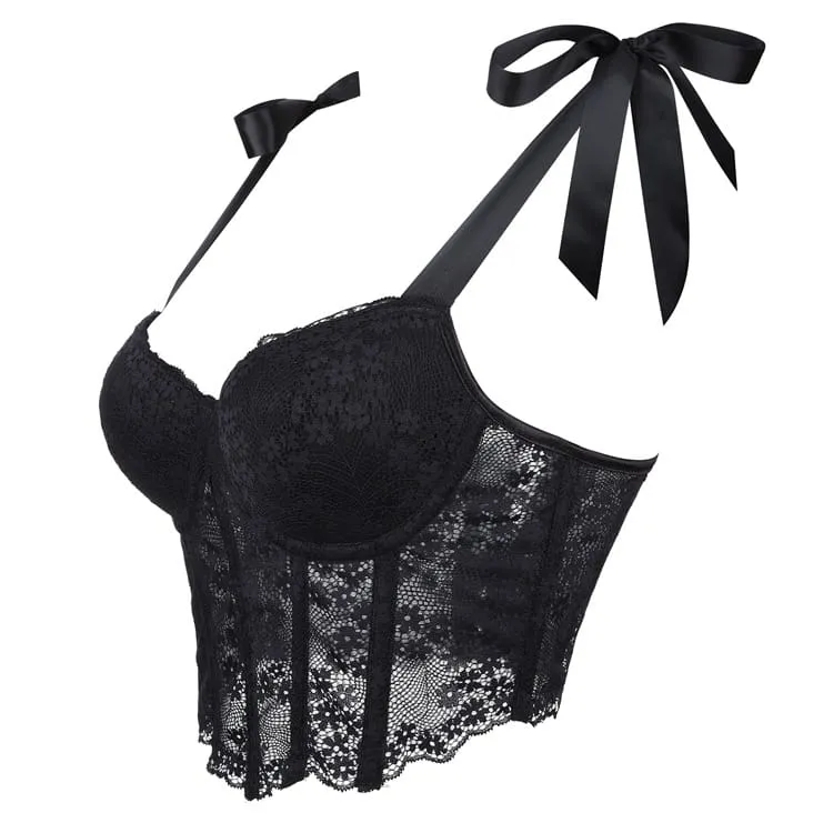 Gothic-Korsett für Damen mit unregelmäßigen floralen Spitzenbändern und Überbrustumfang