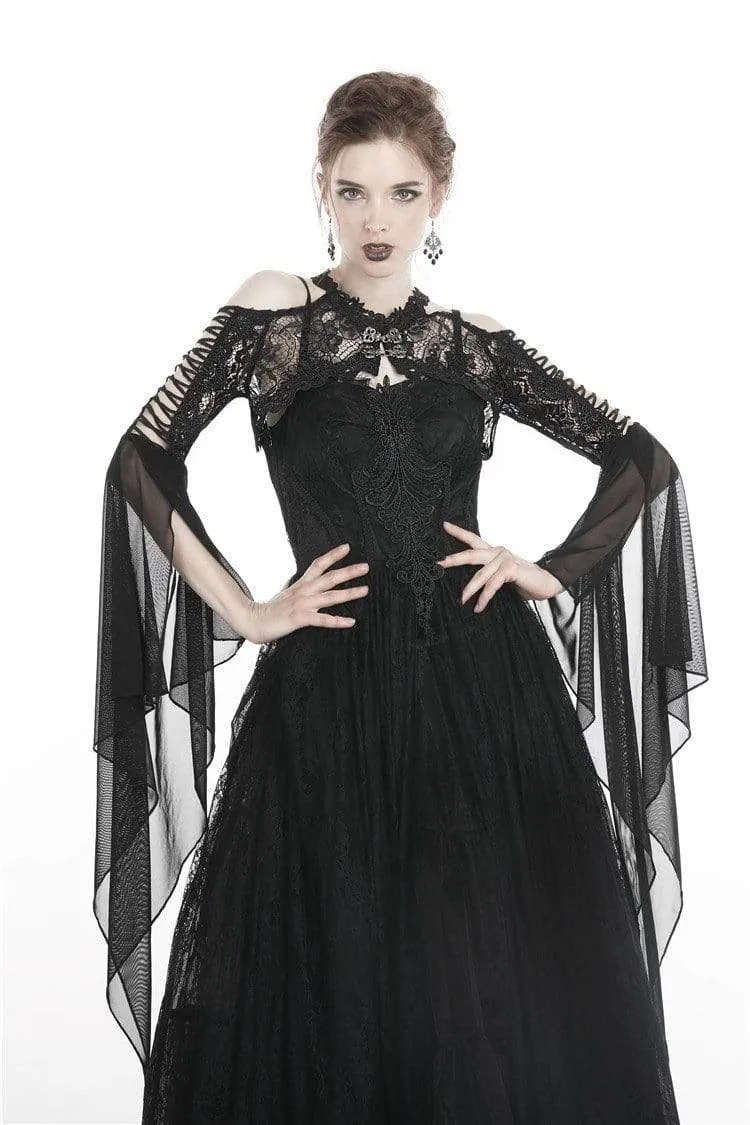 Gothic-Cape für Damen, schulterfrei, geblümt, gehäkelt, mit Chiffonärmeln