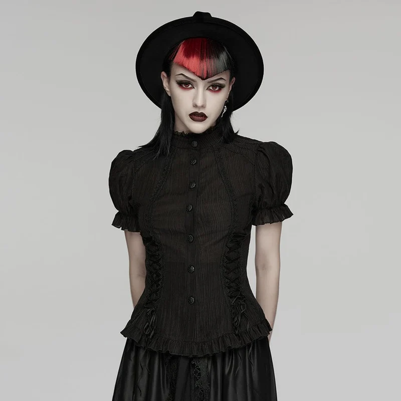 Schwarzes Gothic-Hemd für Damen mit Schnürung, Puffärmeln und kurzen Ärmeln