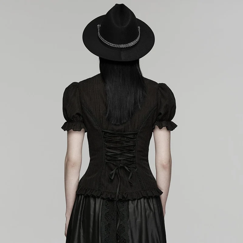 Schwarzes Gothic-Hemd für Damen mit Schnürung, Puffärmeln und kurzen Ärmeln