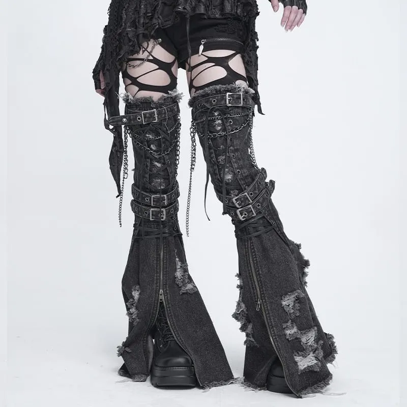 Punk-Beinwärmer für Damen mit ausgefransten Kanten und ausgestelltem Bein