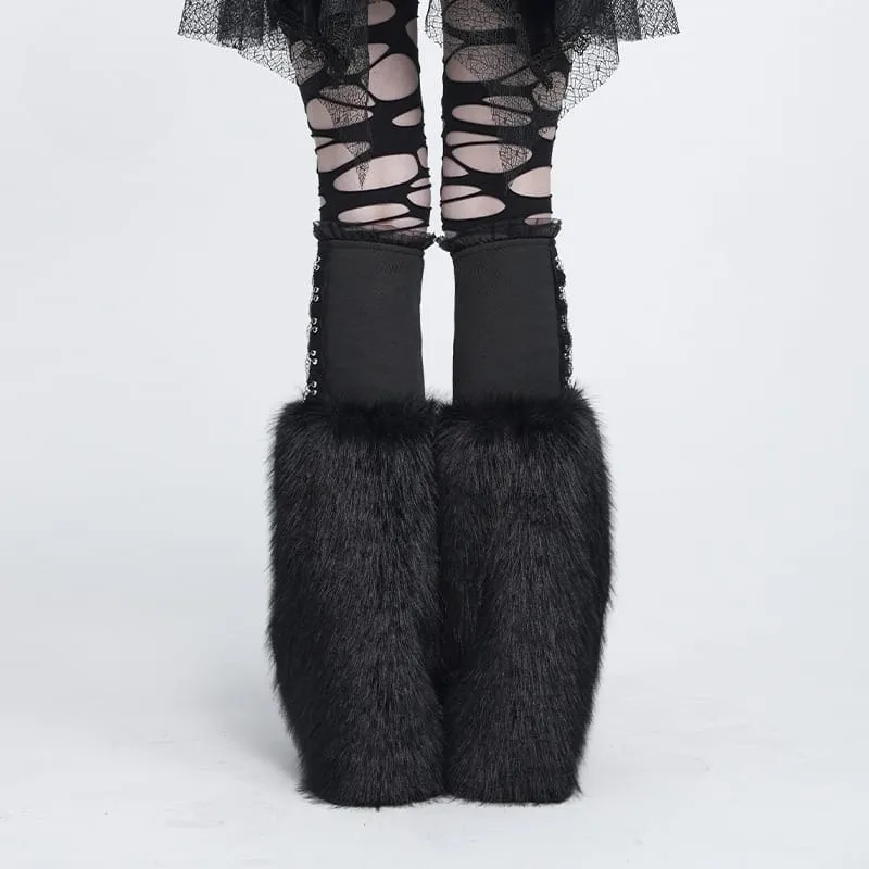 Schwarze Gothic-Beinstulpen mit Plüschketten für Damen