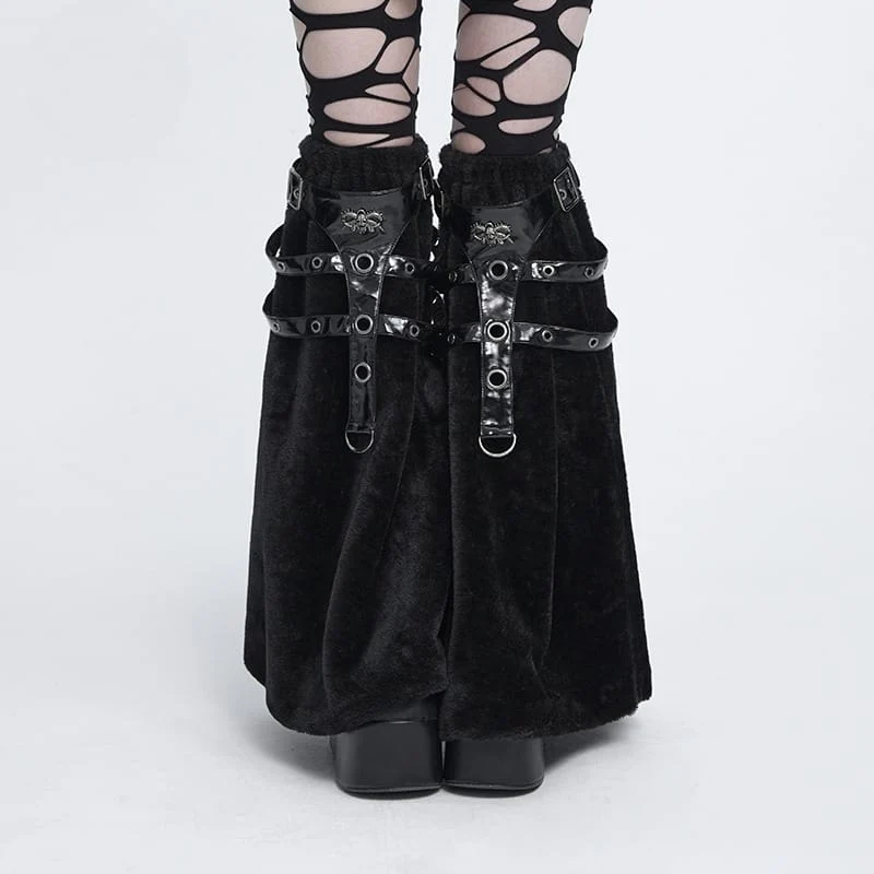 Gothic-Plüsch-Beinwärmer für Damen mit Ösenverschluss und Schnallen