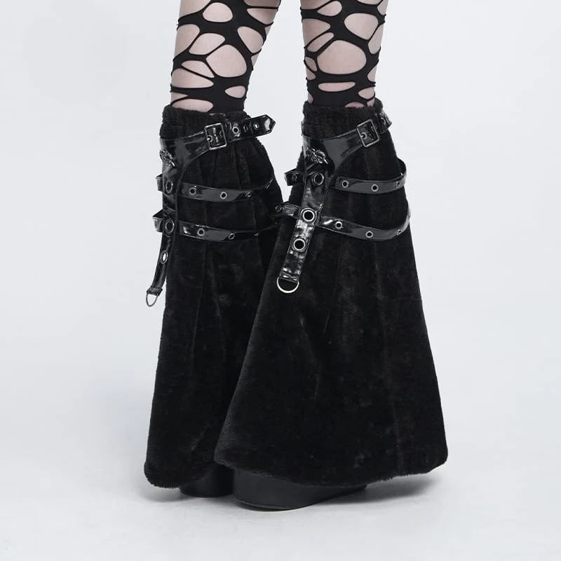 Gothic-Plüsch-Beinwärmer für Damen mit Ösenverschluss und Schnallen