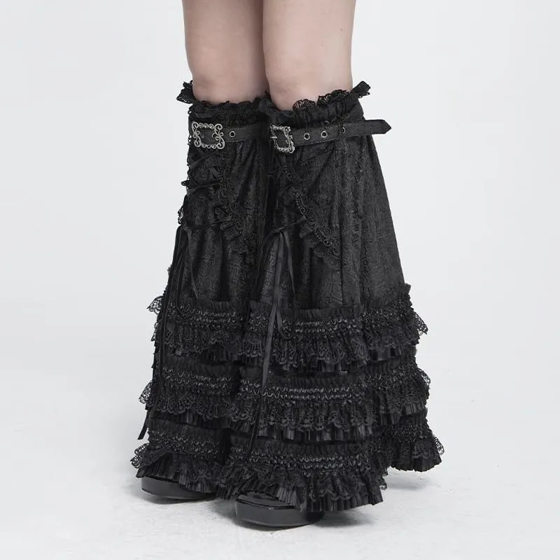 Gothic-Beinstulpen für Damen mit mehreren Lagen, Spitzenbesatz und Schnallen