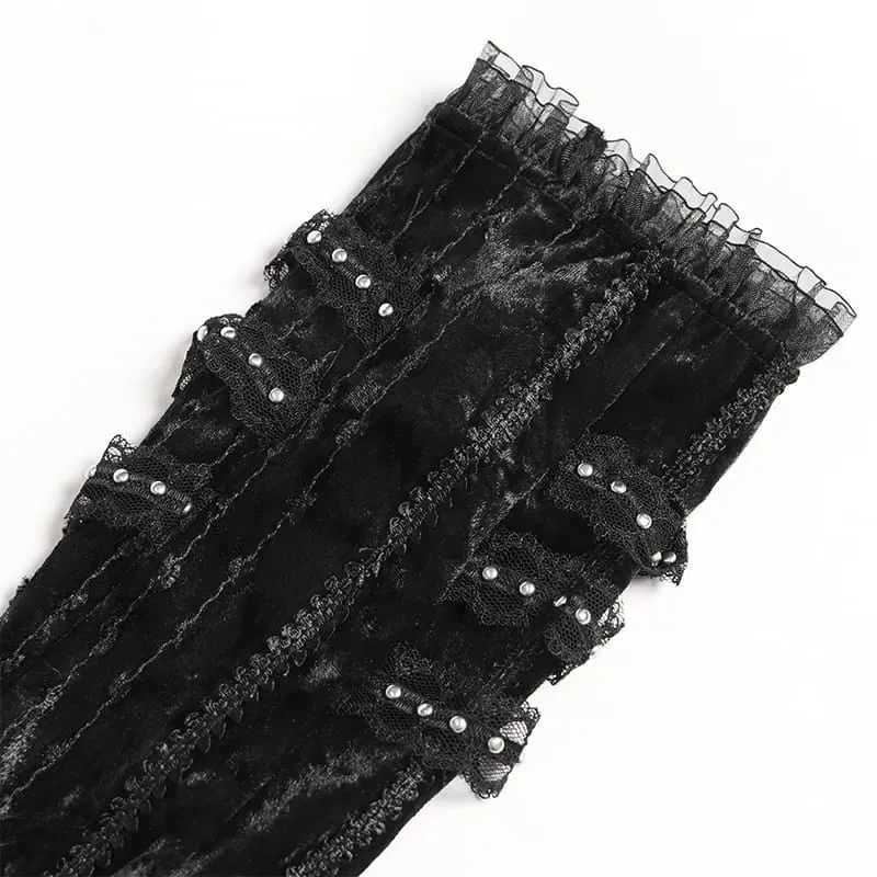Gothic-Armstulpen für Damen mit Rosen-Schleife und Schnürung, Schwarz-Rot