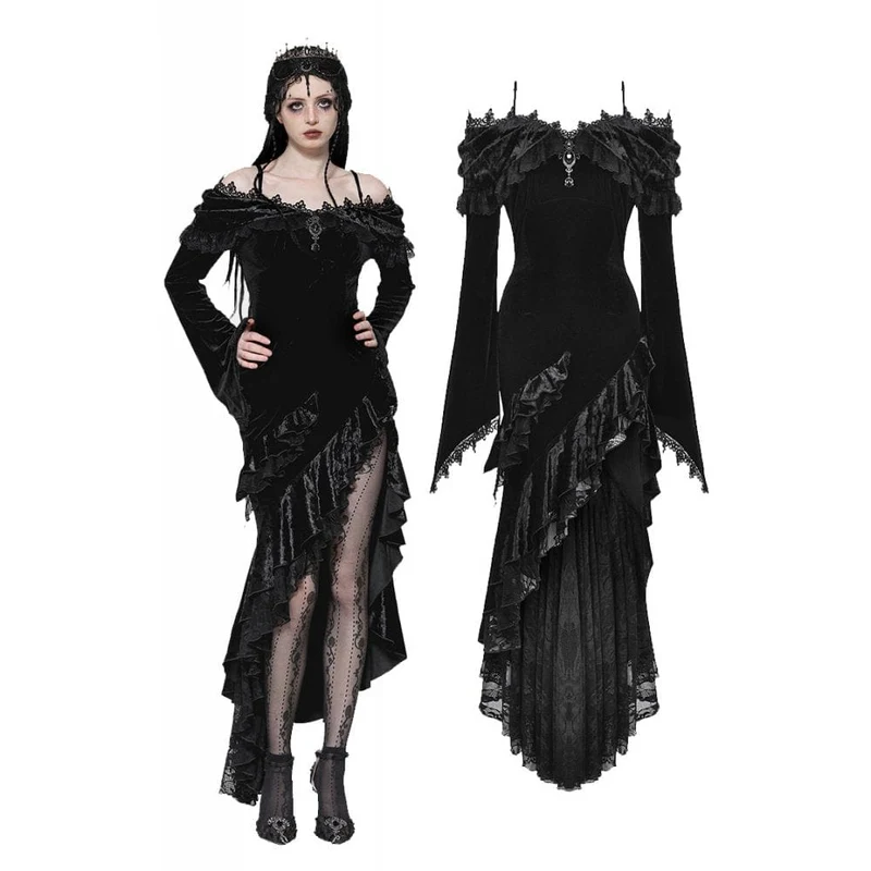 Gothic-Kleid mit schulterfreiem Rücken, Rüschen und Fischschwanz für Damen