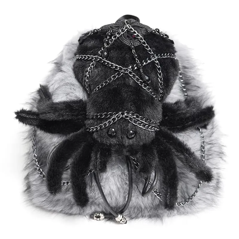 Gothic-Rucksack für Damen mit Spinnenmotiv aus Plüsch, Ketten und grau-schwarz