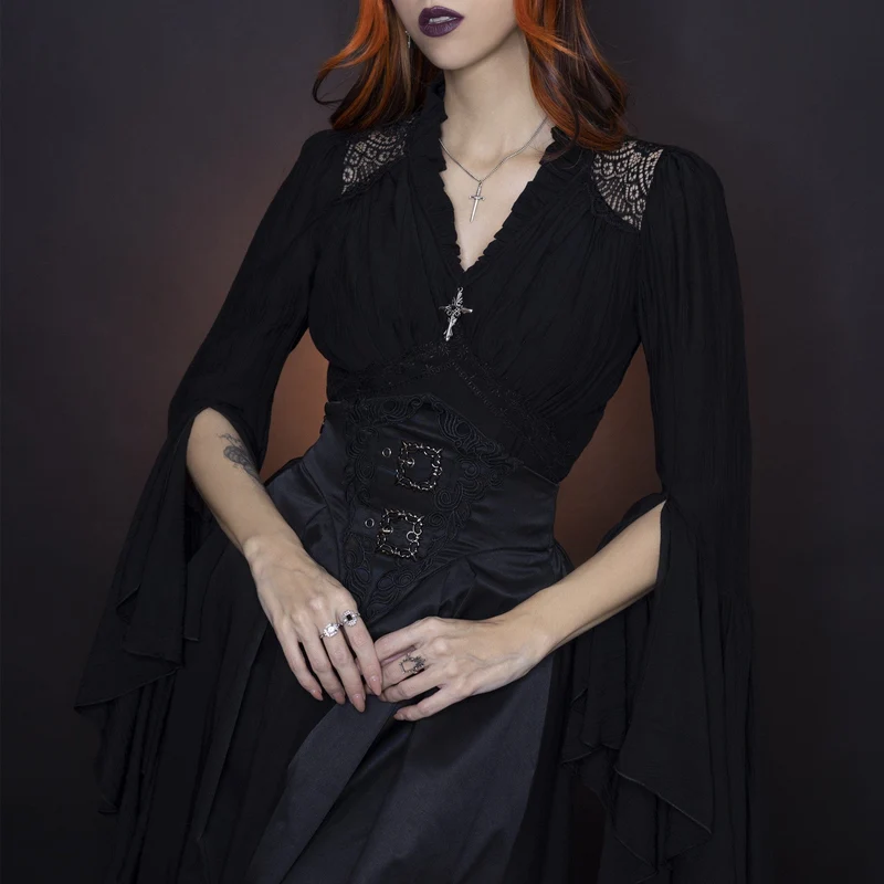 Gothic Plissee-Langarmhemd mit Horn-Muster für Damen