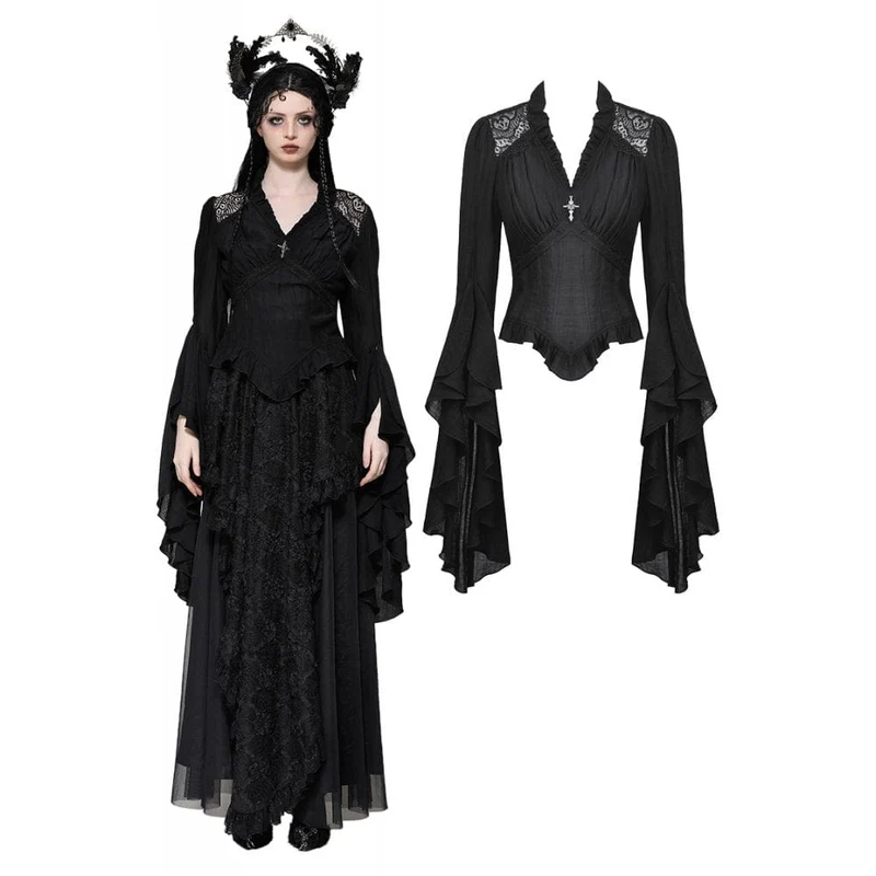 Gothic Plissee-Langarmhemd mit Horn-Muster für Damen