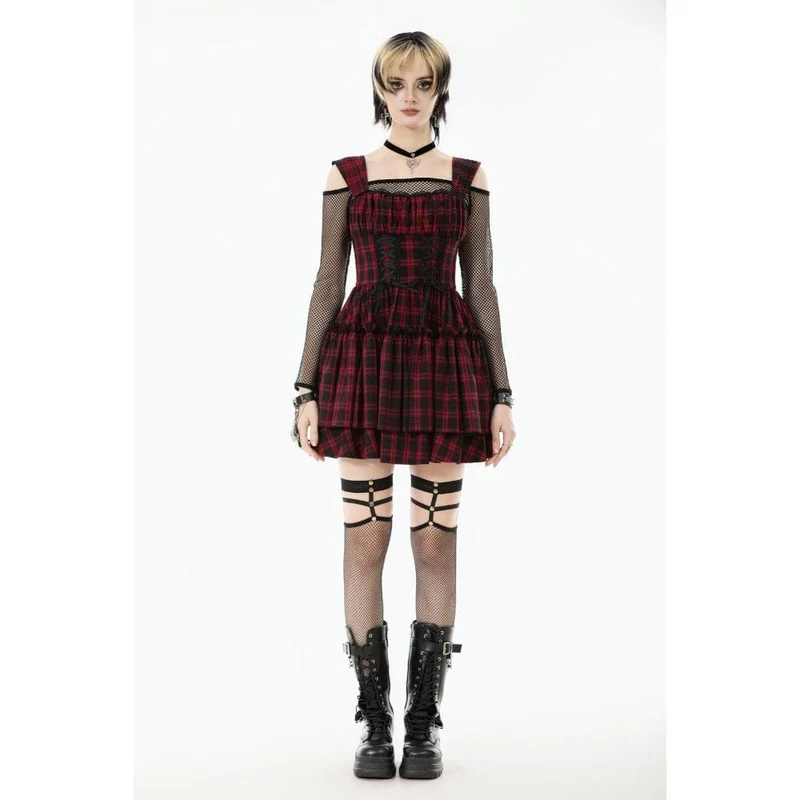 Grunge-Kleid mit Schnürung, Raffungen und Karomuster für Damen, Abschlusskleid