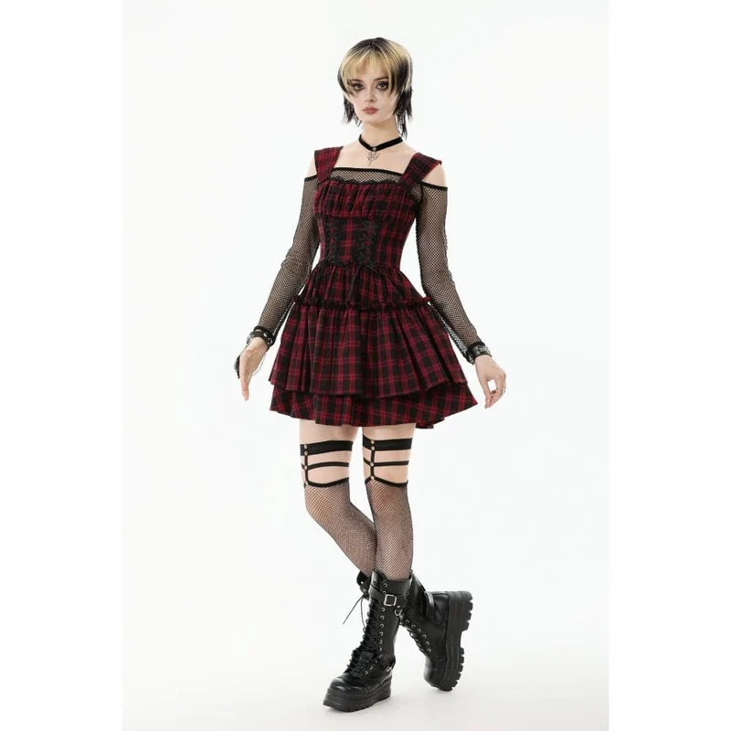 Grunge-Kleid mit Schnürung, Raffungen und Karomuster für Damen, Abschlusskleid