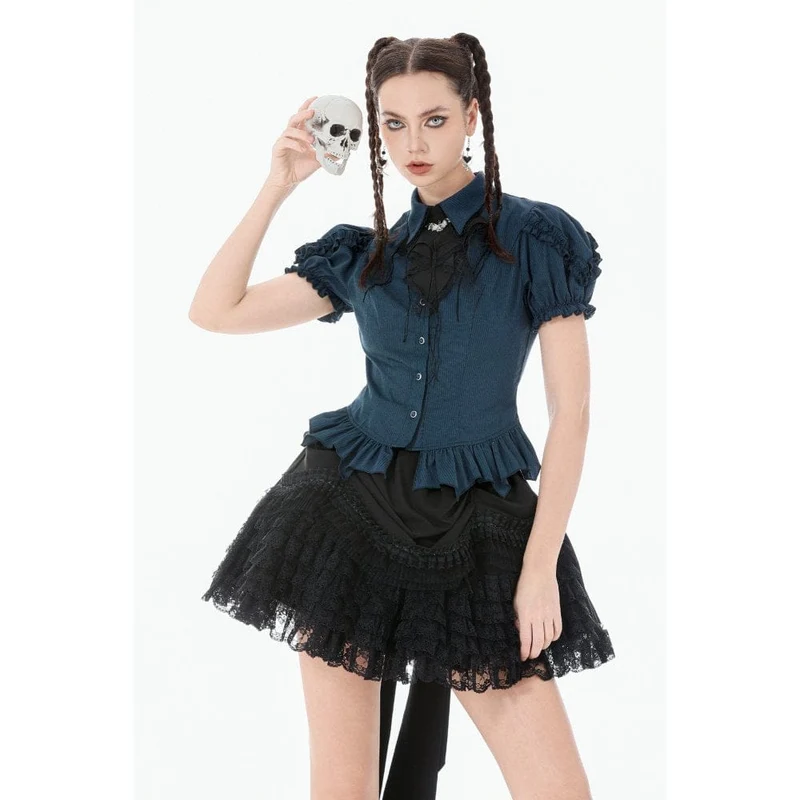 Gothic-Damenbluse mit Nadelstreifen, Puffärmeln und abnehmbarer Fledermaus-Fliege