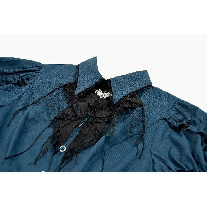 Gothic-Damenbluse mit Nadelstreifen, Puffärmeln und abnehmbarer Fledermaus-Fliege