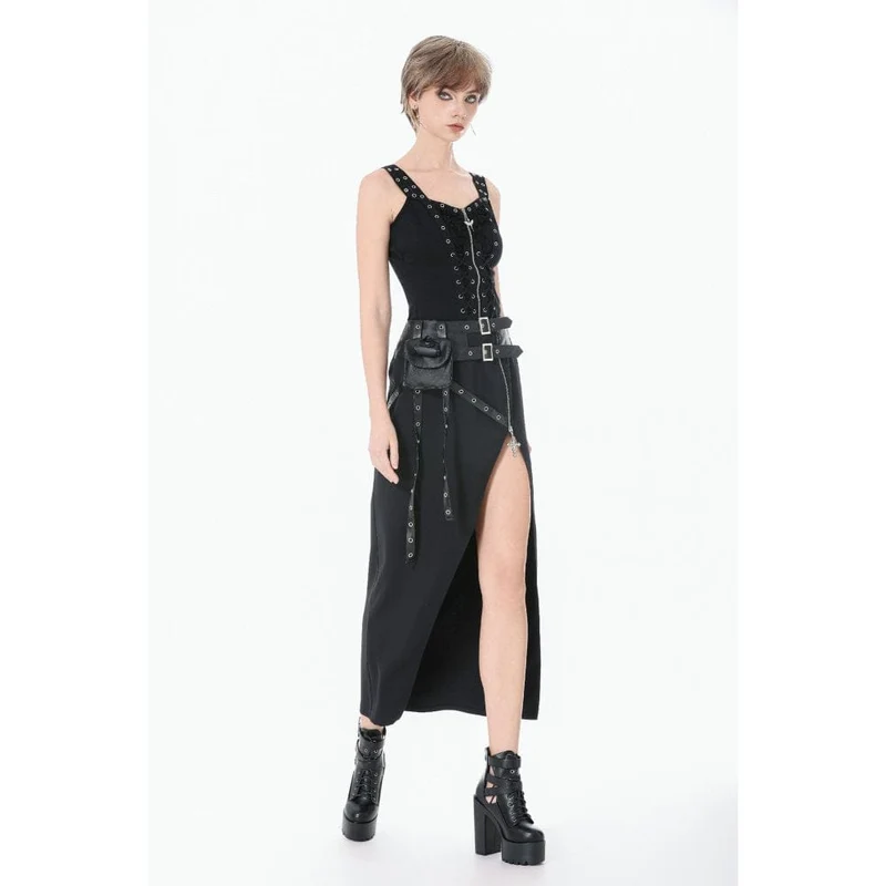 Punk-Tanktop für Damen mit Ösen, Used-Look, Schnürung und Reißverschluss
