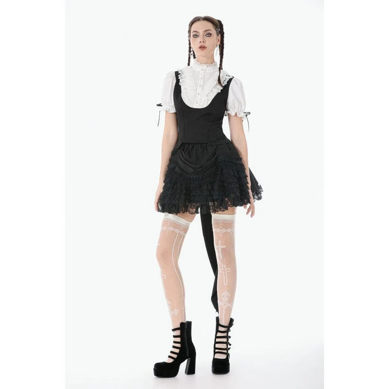 Gothic-Damenbluse mit zweifarbiger Spitze, Rüschen und Stehkragen