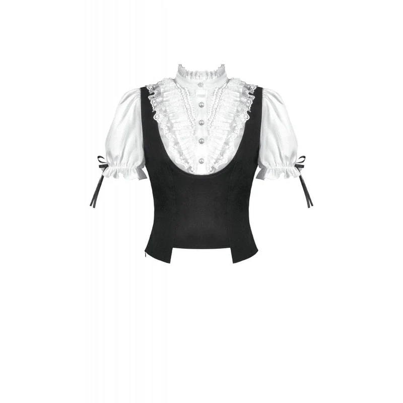 Gothic-Damenbluse mit zweifarbiger Spitze, Rüschen und Stehkragen