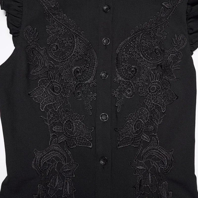 Gothic-Damenbluse mit Blumenstickerei, Rüschen und Stehkragen