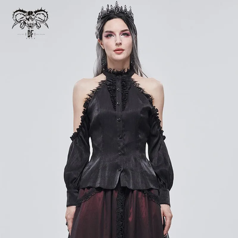 Damen Gothic Riemchen schulterfrei Spitzensaum schwarzes Shirt