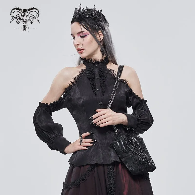 Damen Gothic Riemchen schulterfrei Spitzensaum schwarzes Shirt