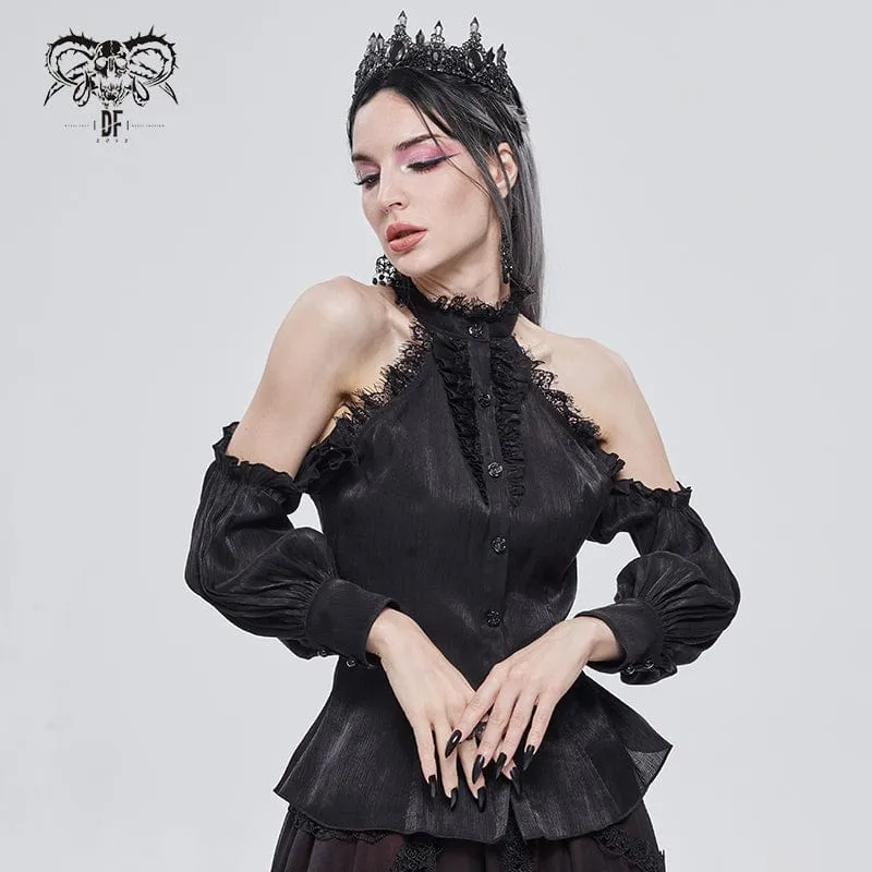 Damen Gothic Riemchen schulterfrei Spitzensaum schwarzes Shirt