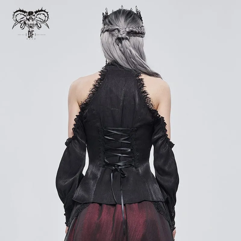 Damen Gothic Riemchen schulterfrei Spitzensaum schwarzes Shirt