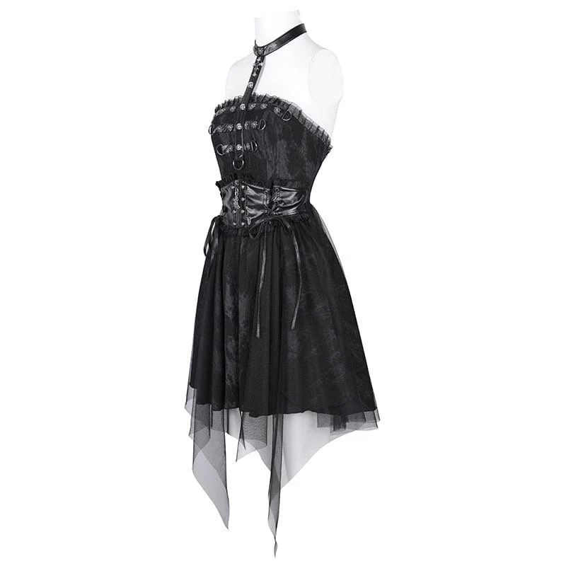 Gothic-Neckholder-Kurzkleid aus Netzstoff mit Schnalle für Damen