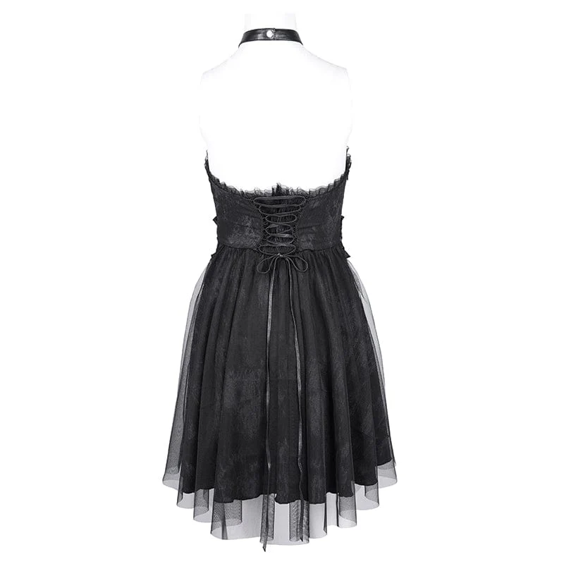 Gothic-Neckholder-Kurzkleid aus Netzstoff mit Schnalle für Damen