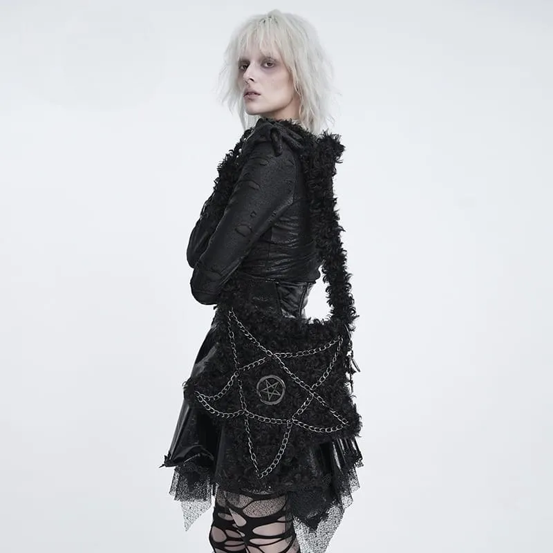 Gothic Plüsch-Umhängetasche mit Pentagramm und Kette für Damen