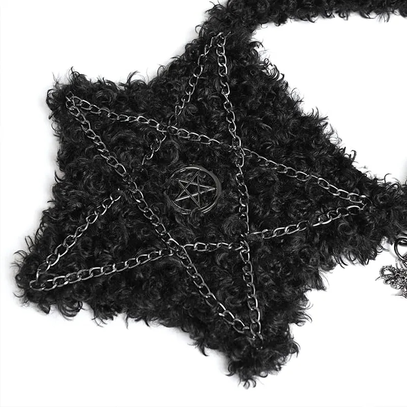 Gothic Plüsch-Umhängetasche mit Pentagramm und Kette für Damen