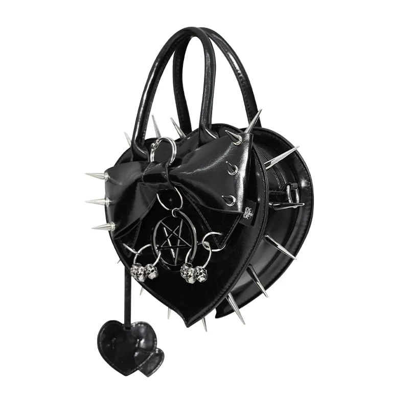 Schwarze gotische Damenhandtasche mit Pentagramm, Stacheln und herzförmigem Muster