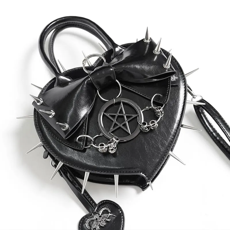 Schwarze gotische Damenhandtasche mit Pentagramm, Stacheln und herzförmigem Muster