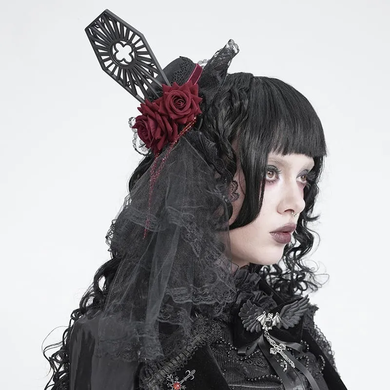 Gothic-Mini-Zylinder mit Rosen-Tüllschleier und Perlenbesatz für Damen