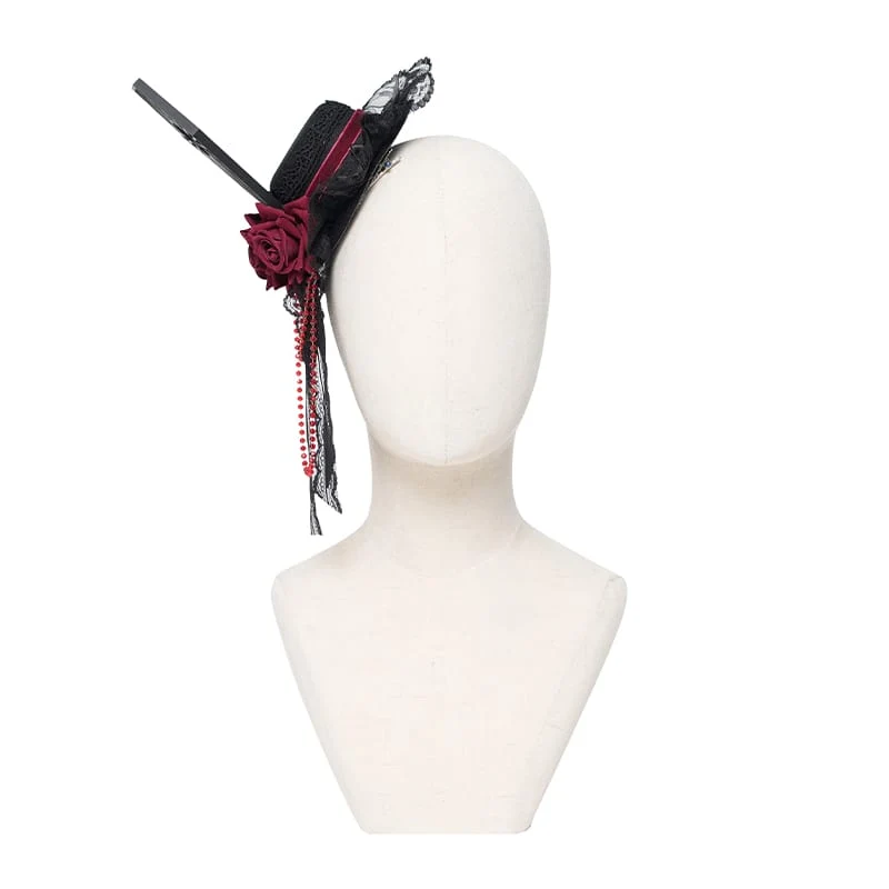 Gothic-Mini-Zylinder mit Rosen-Tüllschleier und Perlenbesatz für Damen