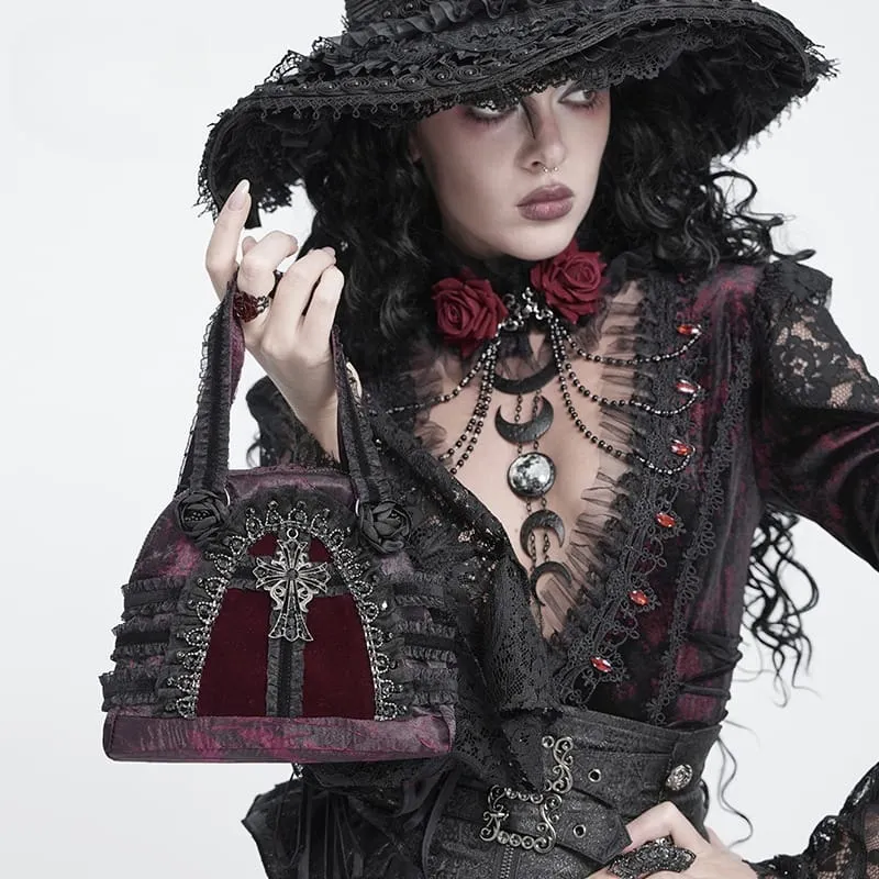 Gothic-Tasche für Damen mit Rosenkreuz und Spitzenbesatz, schwarz-rot