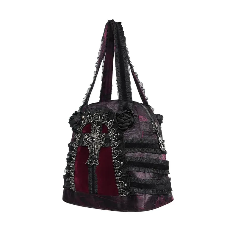Gothic-Tasche für Damen mit Rosenkreuz und Spitzenbesatz, schwarz-rot