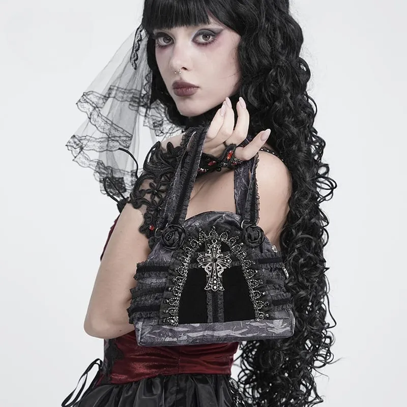 Gothic-Tasche für Damen mit Rosenkreuz und Spitzenbesatz, Grau-Schwarz