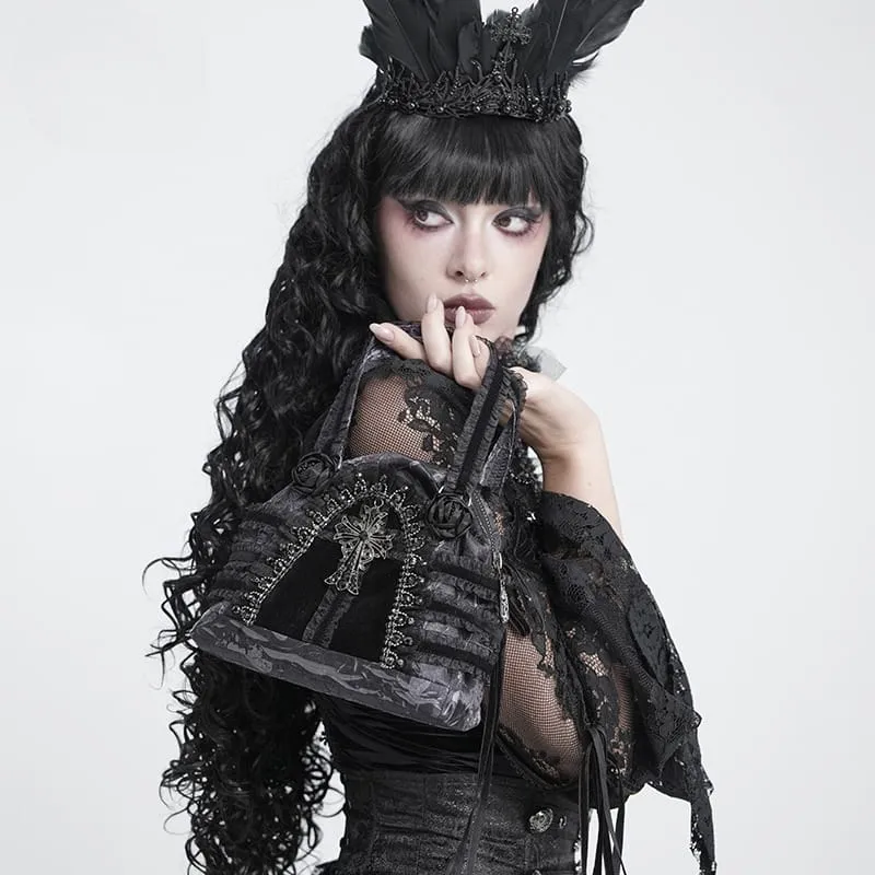 Gothic-Tasche für Damen mit Rosenkreuz und Spitzenbesatz, Grau-Schwarz