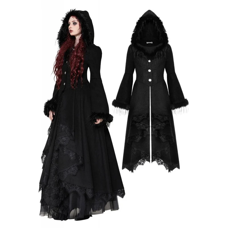 Romantischer Gothic-Mantel mit Spitzenknöpfen und Kapuze für Damen