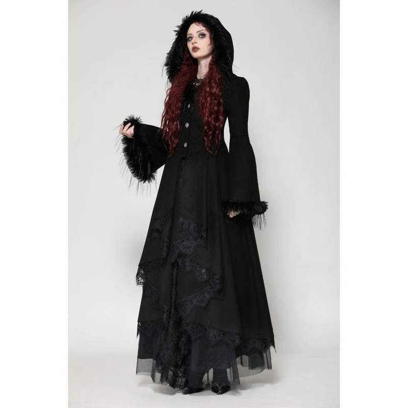Romantischer Gothic-Mantel mit Spitzenknöpfen und Kapuze für Damen