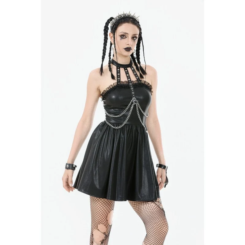 Damen Punk Metallkette Kunstleder Neckholderkleid