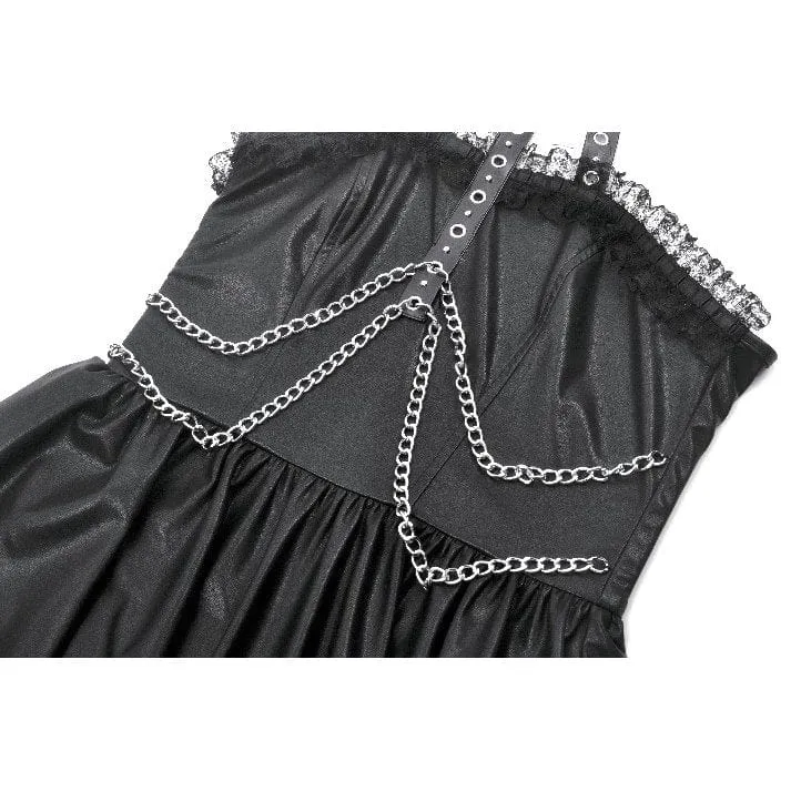 Damen Punk Metallkette Kunstleder Neckholderkleid