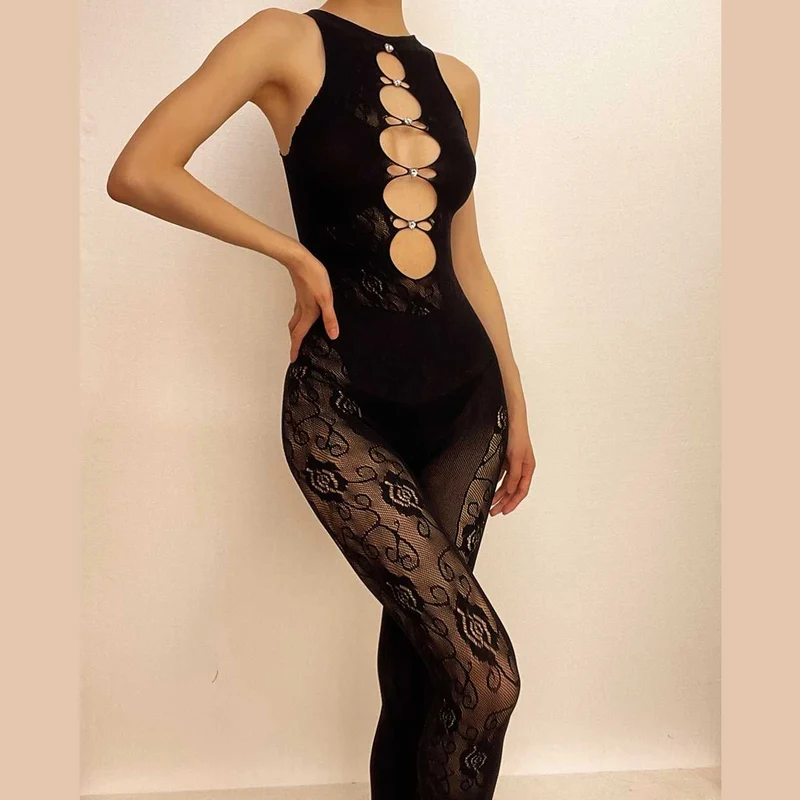 Lace fishnet button crewneck sleeveless jumpsuit-final-sale
