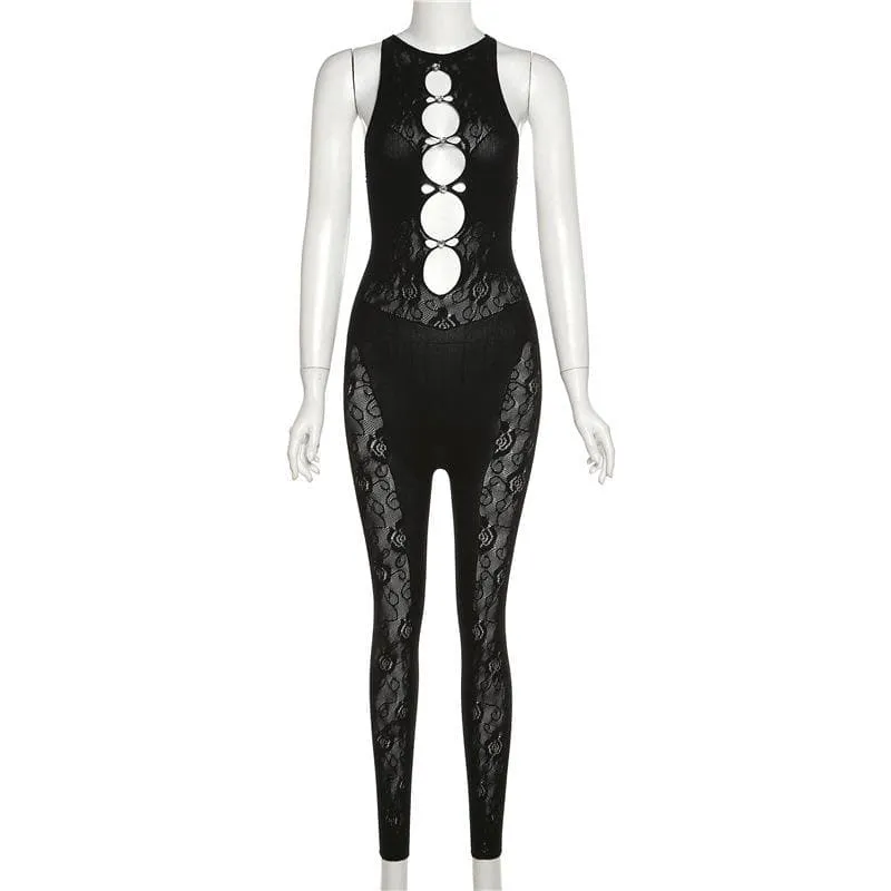 Lace fishnet button crewneck sleeveless jumpsuit-final-sale