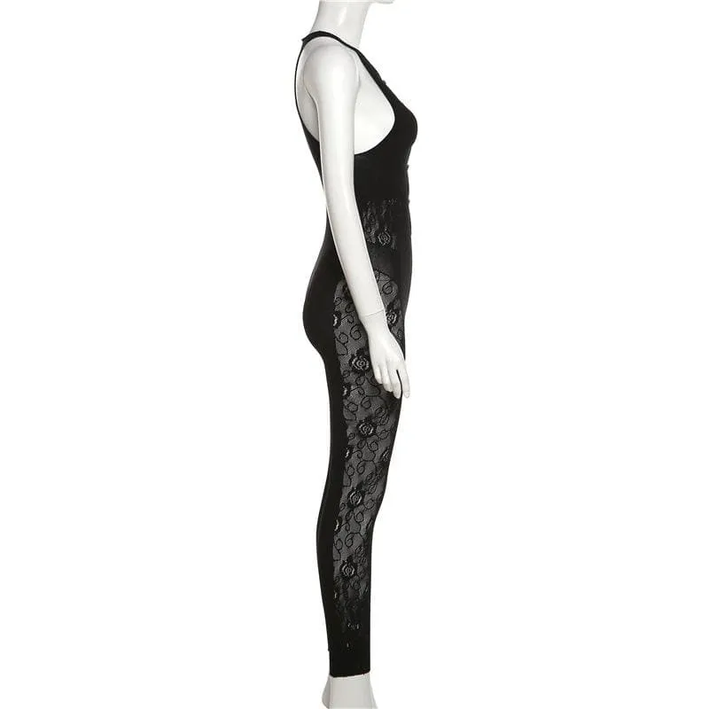 Lace fishnet button crewneck sleeveless jumpsuit-final-sale