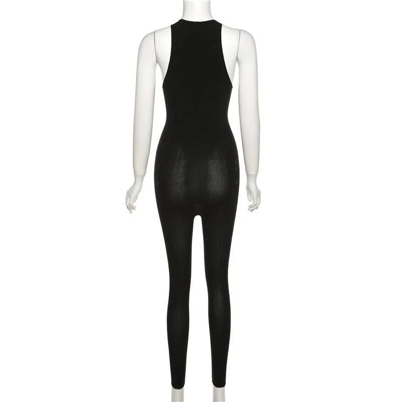 Lace fishnet button crewneck sleeveless jumpsuit-final-sale