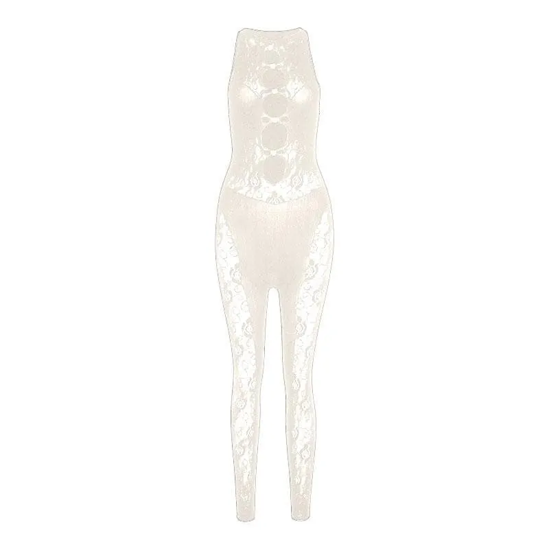 Lace fishnet button crewneck sleeveless jumpsuit-final-sale